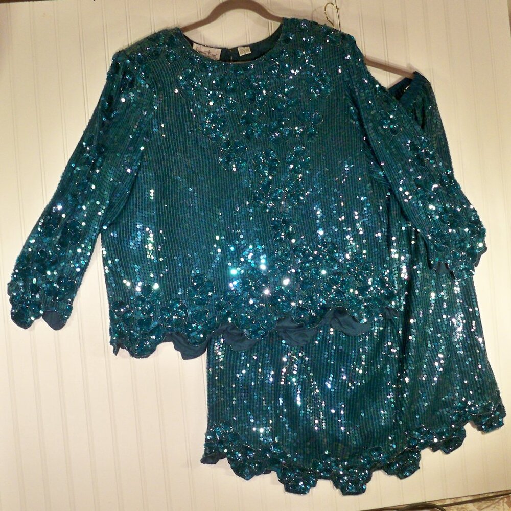 Laurence Kayar *Greenish Blue Sequin Skirt, Top Set